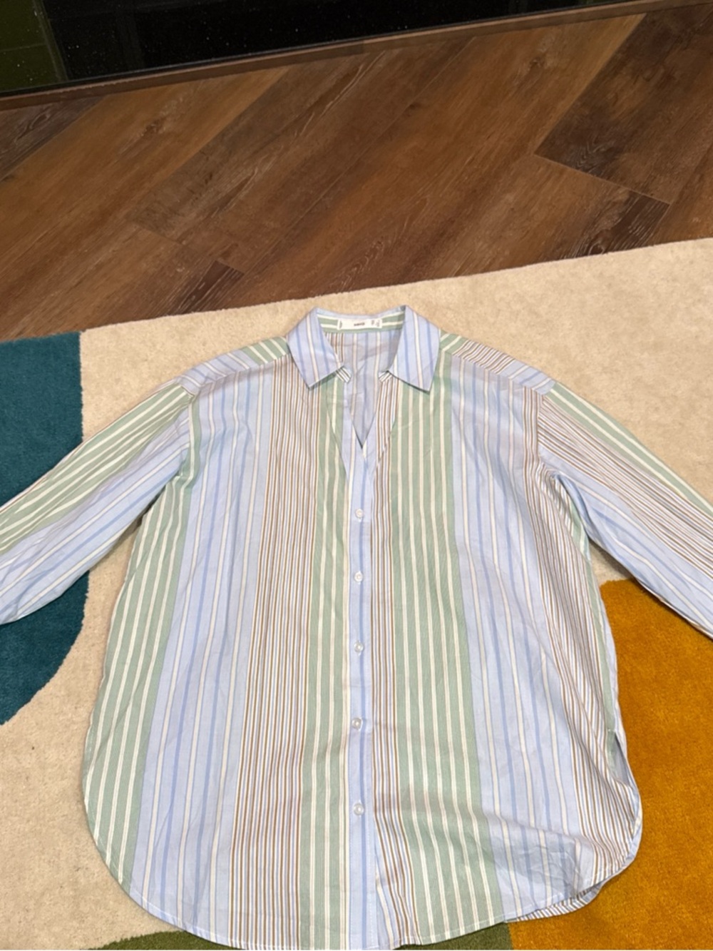 Mango Men's Vertical Striped Button-Down Shirt in Pastel Blue, Green & Cream